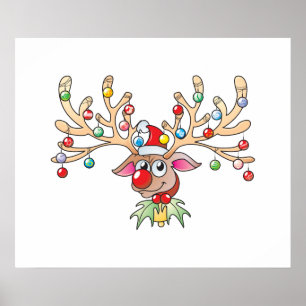 Cute Rudolf Reindeer med julkort i Ljus Poster