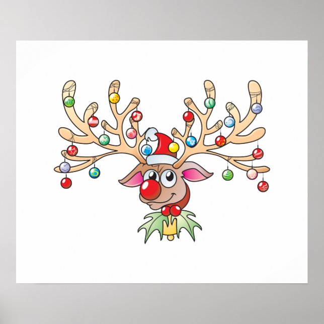Cute Rudolf Reindeer med julkort i Ljus Poster (Framsidan)