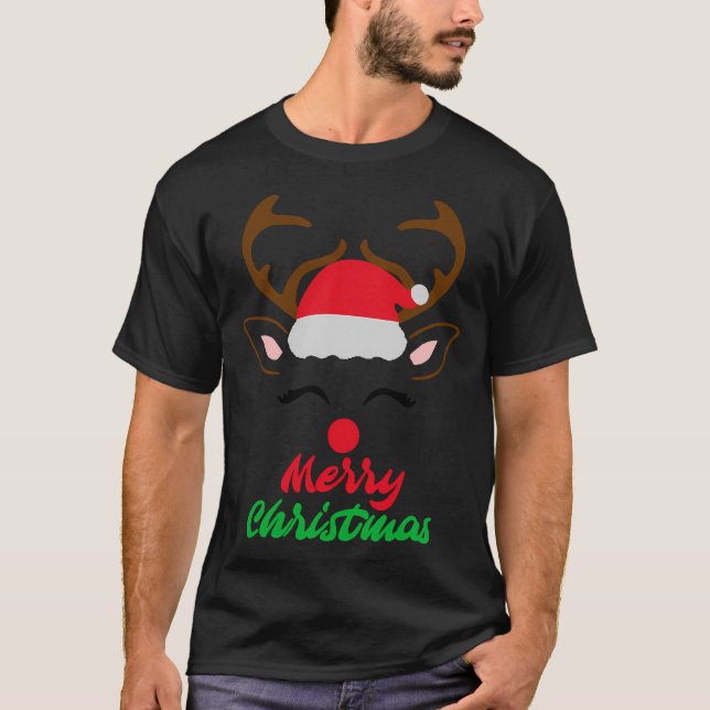 Cute Rudolph Red Nposed Reindeer Santa Hat Merry C T Shirt (Framsida)