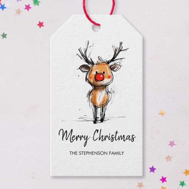 Cute Rudolph Reindeer Merry Christmas Presentetikett (Skapare uppladdad)