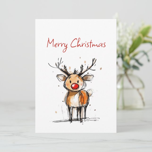 Cute Rudolph Reindeer Sketch Merry Christmas Julkort (Stående Fram)