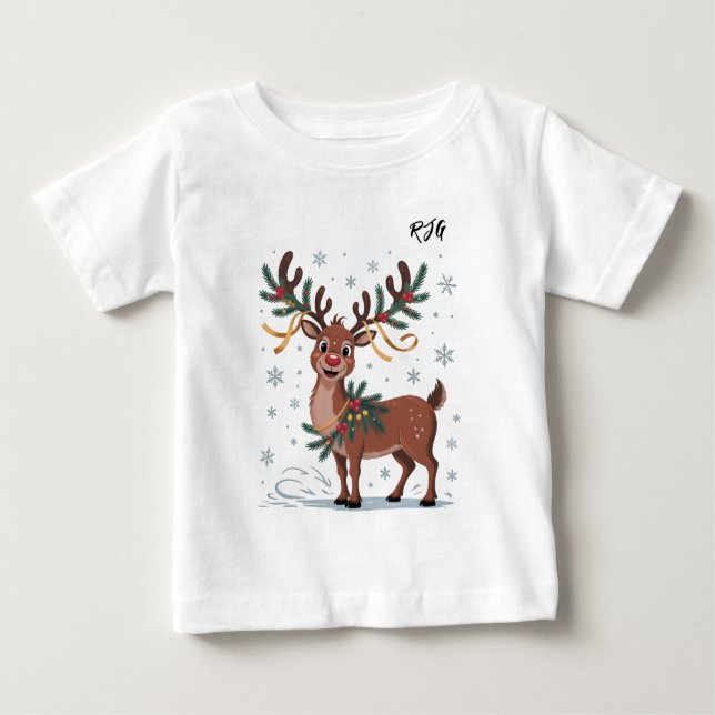 Cute Rudolph with Gold Accents Initials T Shirt (Framsida)