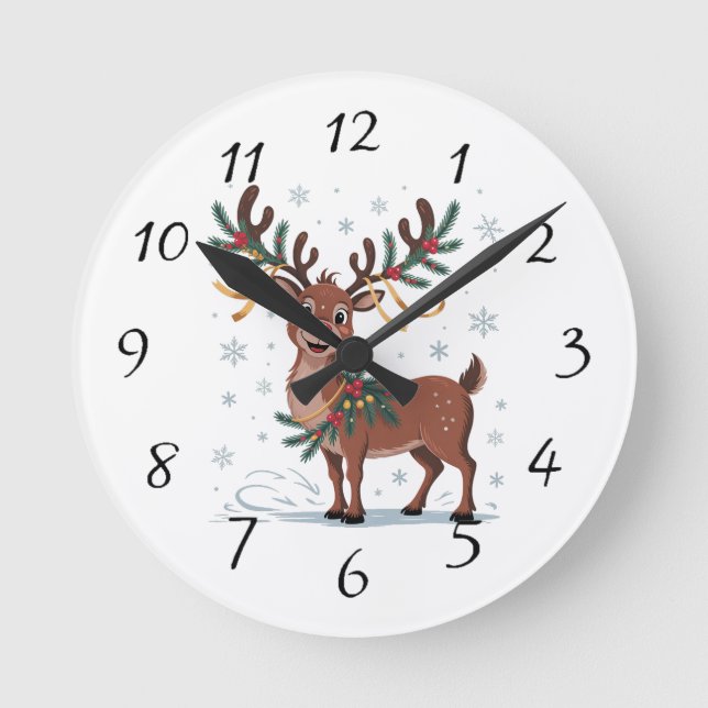 Cute Rudolph with Gold Accents Rund Klocka (Framsida)