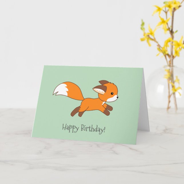 Cute Running Fox Grönt Birthday Kort (Gul blomma)