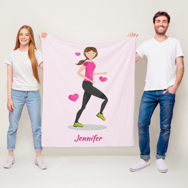 Cute Running Girl Illustration with Namn Rosa Fleecefilt (På plats)