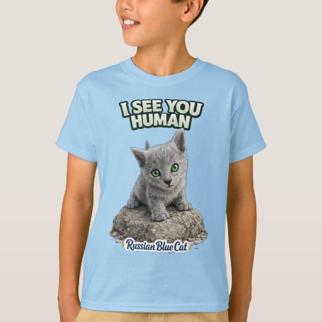 Cute Russian Blue Cat Kids T-Shirt – I See You (Framsida)