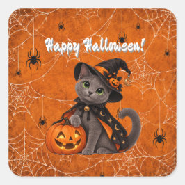 Cute Russian Blue Cat Witch Halloween Fyrkantigt Klistermärke