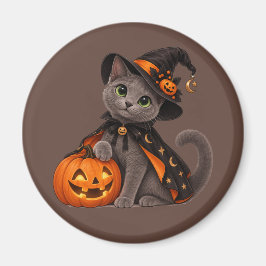 Cute Russian Blue Cat Witch Halloween Magnet