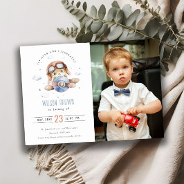 Cute Rust Blue Airplane Teddy Stars Photo Birthday Inbjudningar