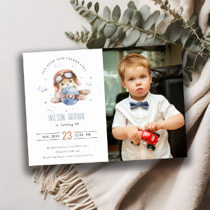 Cute Rust Blue Airplane Teddy Stars Photo Birthday Inbjudningar