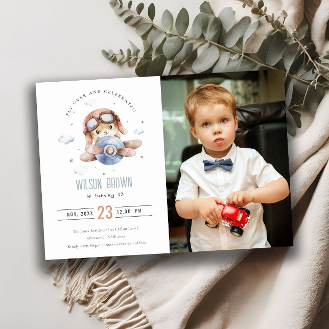 Cute Rust Blue Airplane Teddy Stars Photo Birthday Inbjudningar (Skapare uppladdad)