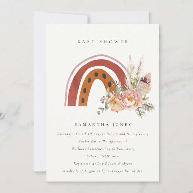 Cute Rust Boho Blommigt Rainbow Baby Shower Inbjud Tack Kort (Framsida)