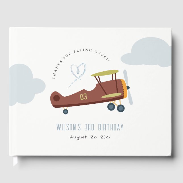 Cute Rust Grönt Blue Biplane Cloud Heart Birday Gästböcker (Framsida)