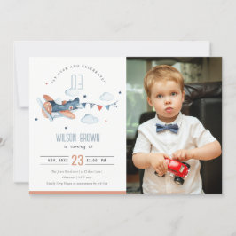 Cute Rust Navy Flygplan Cloud Photo Birthday Inbju Tack Kort
