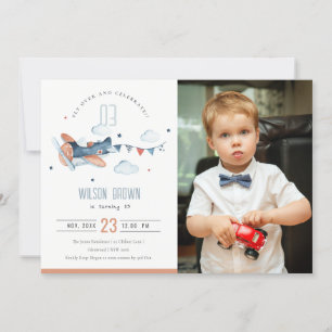 Cute Rust Navy Flygplan Cloud Photo Birthday Inbju Tack Kort
