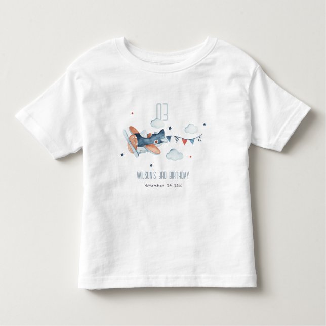 Cute Rust Navy Flygplan Cloud Stars Himlar Birthda T Shirt (Framsida)