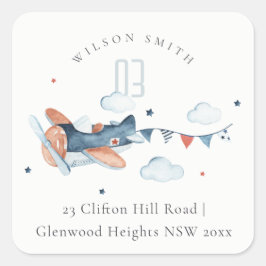 Cute Rust Navy Flygplan Clouds Stars Himlar Adress Fyrkantigt Klistermärke