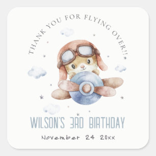 Cute Rust Navy Flygplan Teddy Stars Cloud Birthday Fyrkantigt Klistermärke