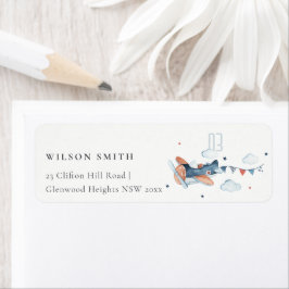 Cute Rust Navy Kid Flygplan Clouds Stars Adress Returadress Etikett