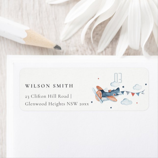 Cute Rust Navy Kid Flygplan Clouds Stars Adress Returadress Etikett (Insitu)
