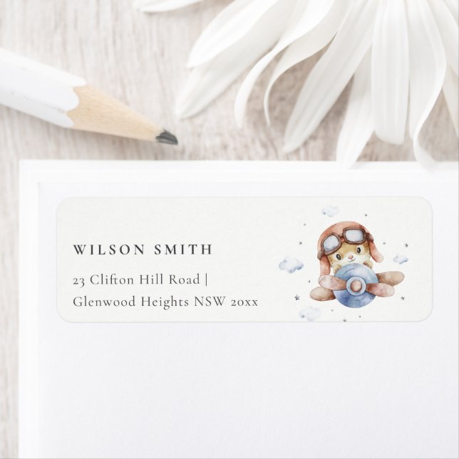 Cute Rust Navy Kid Flygplan Teddy Cloud Stars Adre Returadress Etikett (Insitu)