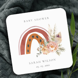 Cute Rust Orange Boho Blommigt Rainbow Baby Shower Underlägg Papper Kvadrat