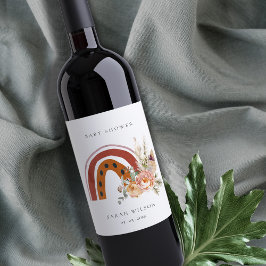 Cute Rust Orange Boho Blommigt Rainbow Baby Shower Vinflaska Etikett