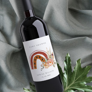 Cute Rust Orange Boho Blommigt Rainbow Baby Shower Vinflaska Etikett