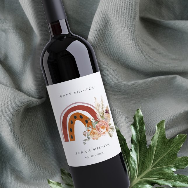 Cute Rust Orange Boho Blommigt Rainbow Baby Shower Vinflaska Etikett (Skapare uppladdad)