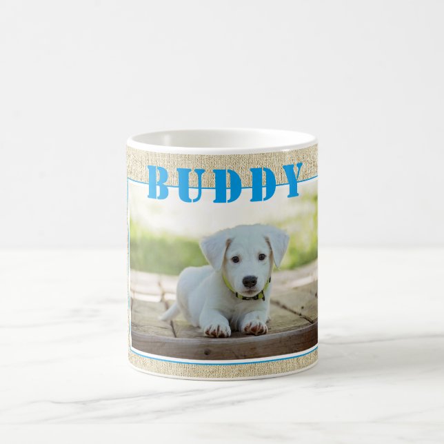 Cute Rustic Blue Hund Photo and Namn Kaffemugg (Center)