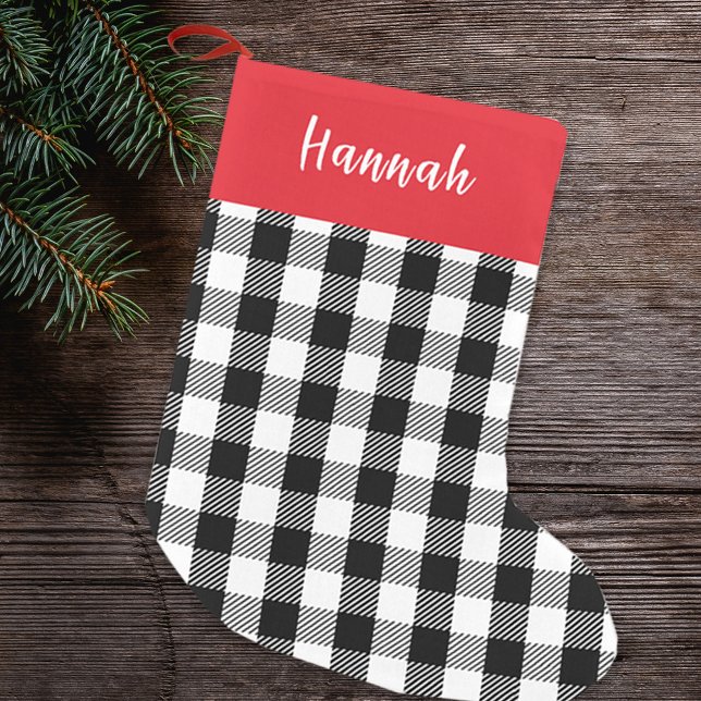 Cute Rustic Calligraphy Simple Red Buffalo Check Liten Julstrumpa (Christmas red and black buffalo check pattern stocking.
)