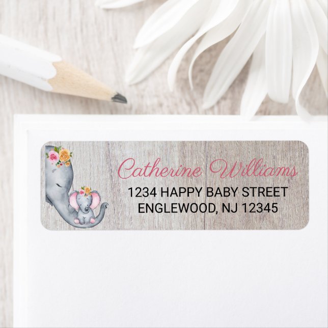 Cute Rustic Elephant Blommigt Baby Shower Returadress Etikett (Insitu)