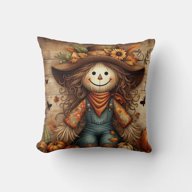 Cute Rustic Fågelskrämma och höstlök Kudde (Framsida)