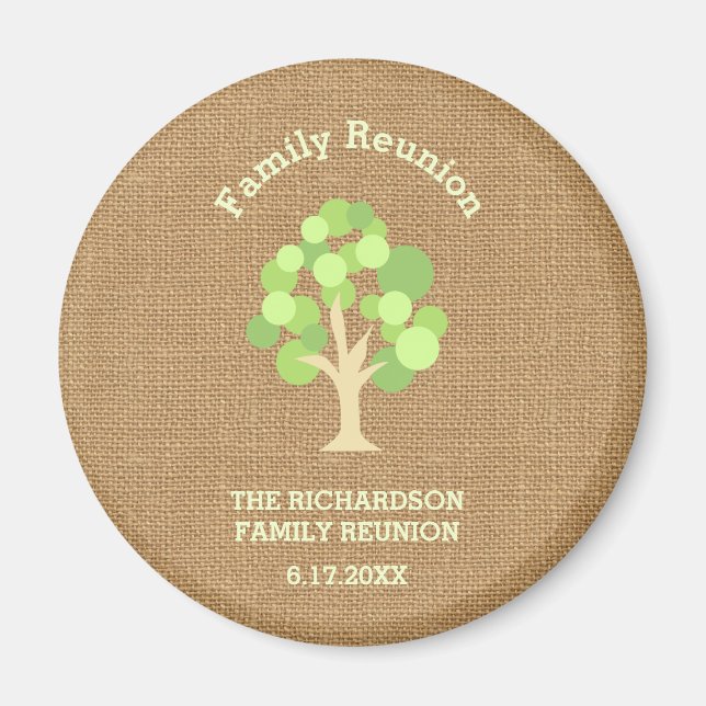 Cute Rustic Grönt Träd och Burlap Family Reunion Magnet (Framsidan)