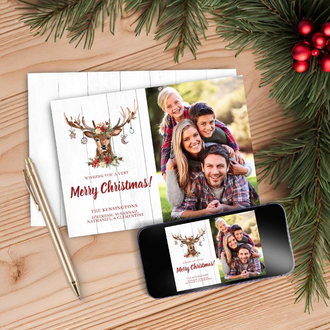 Cute Rustic Jul Hjort Ornaments Helgdag Photo Julkort (Cute Rustic Christmas Deer Ornaments Holiday Photo Cards)