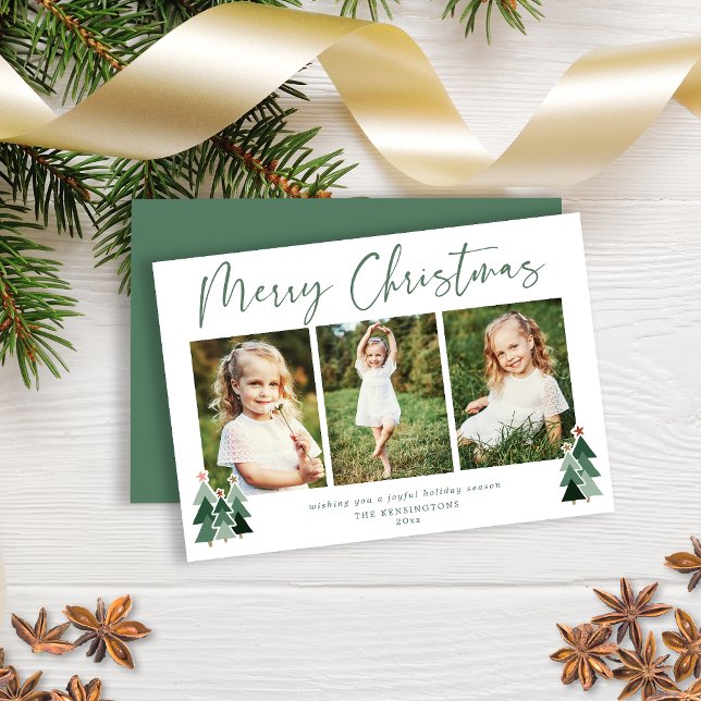 Cute Rustic Modern God jul 3 Photo Helgdag Julkort (Rustic Sage Green Christmas Card)