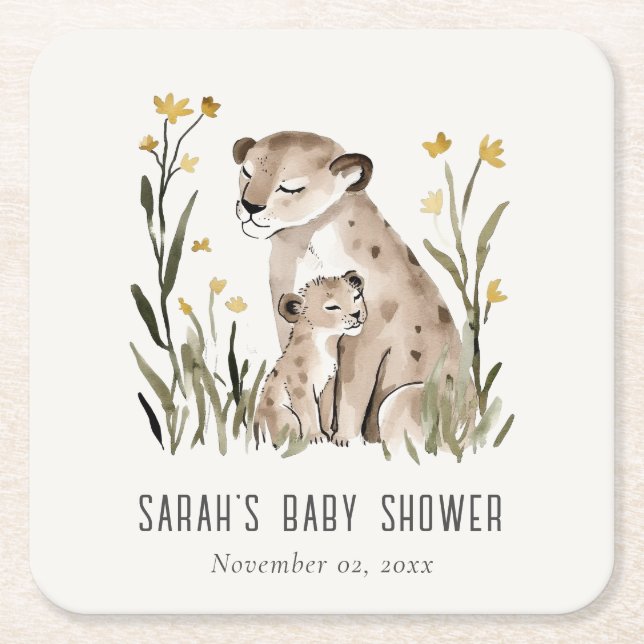 Cute Rustic Mum and Baby Tiger Foliage Baby Shower Underlägg Papper Kvadrat (Framsidan)