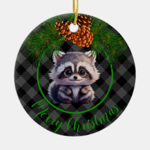 Cute Rustic raccoon black grått plaid gräs cone Julgransprydnad Keramik