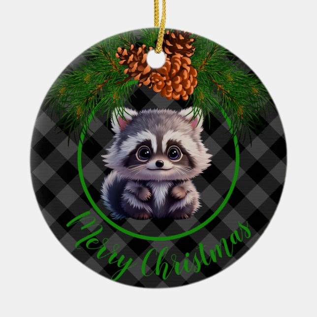 Cute Rustic raccoon black grått plaid gräs cone Julgransprydnad Keramik (Framsidan)