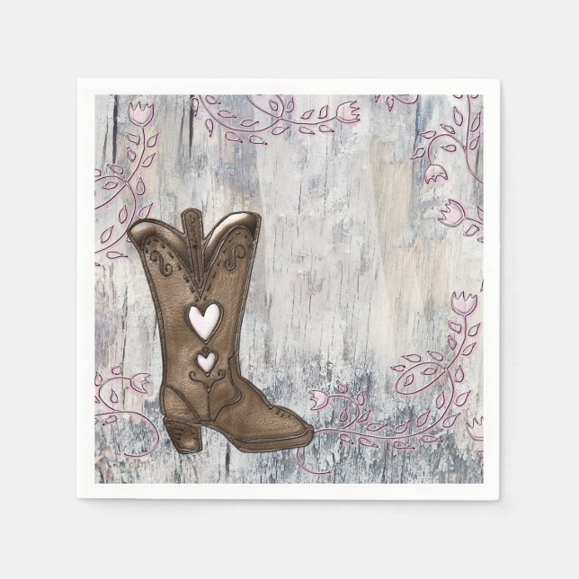 Cute Rustic Rosa Heart Cowgirl Boots Möhippa Pappersservett (Framsidan)
