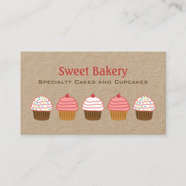 Cute Rustic Rosa och White Cupkaka Bakery Kraft Visitkort (Framsida)