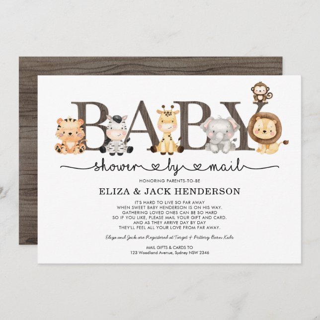 Cute Rustic Safari Animals Baby Shower efter post Inbjudningar (Fram/baksida)