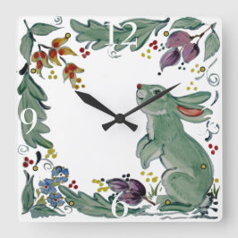 Cute Rustic Teal Rabbit Bunny Blommigt Folk Tile Fyrkantig Klocka