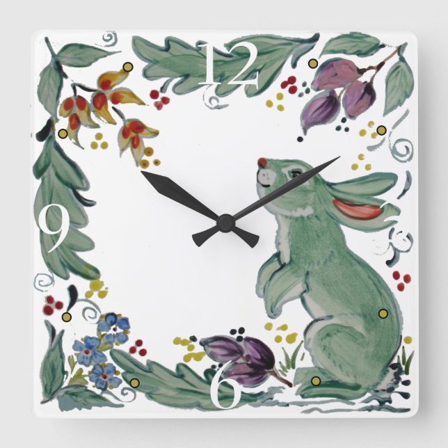 Cute Rustic Teal Rabbit Bunny Blommigt Folk Tile Fyrkantig Klocka (Framsida)