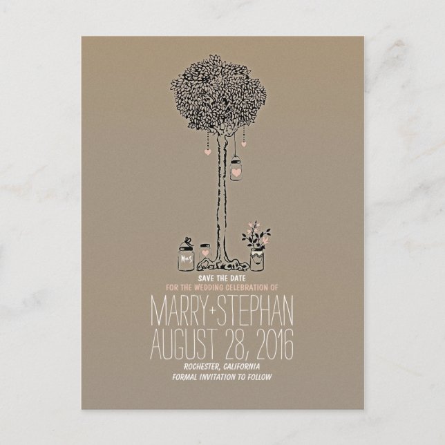 Cute Rustic träd & hearts Mason burk sparar datume Meddelande Vykort (Framsida)