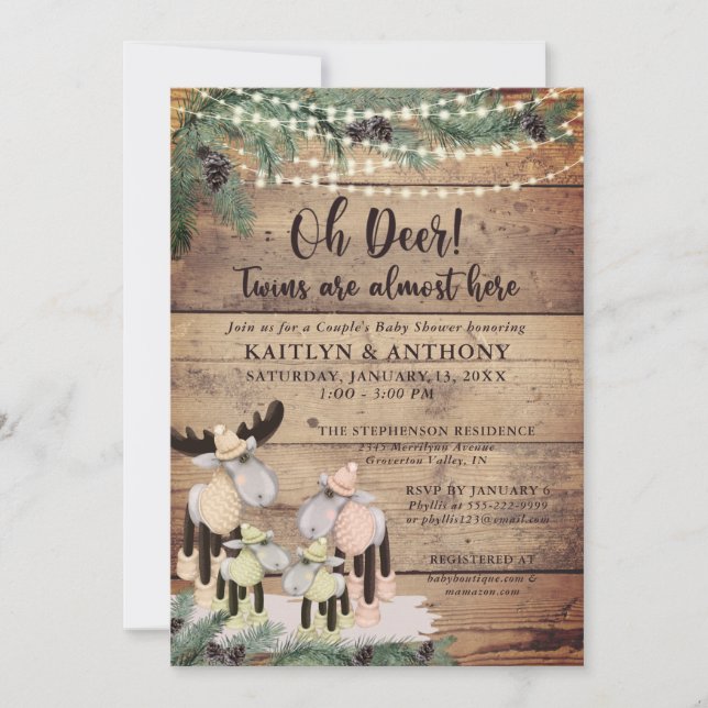 Cute Rustic Winter Hjort, par babyskor Twillingar Inbjudningar (Framsida)