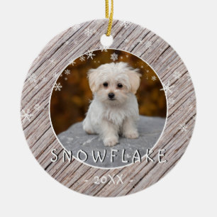 Cute Rustic Wood Hund Puppy 1:a julfoto Julgransprydnad Keramik