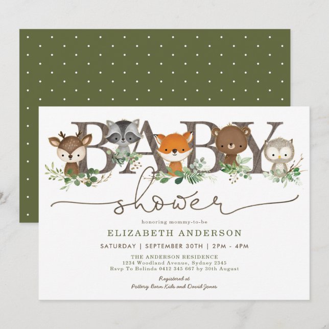 Cute Rustic Woodland Animals Botaniska babyskor Inbjudningar (Fram/baksida)