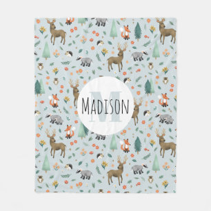 Cute Rustic Woodland Animals Kids Monogram Fleecefilt