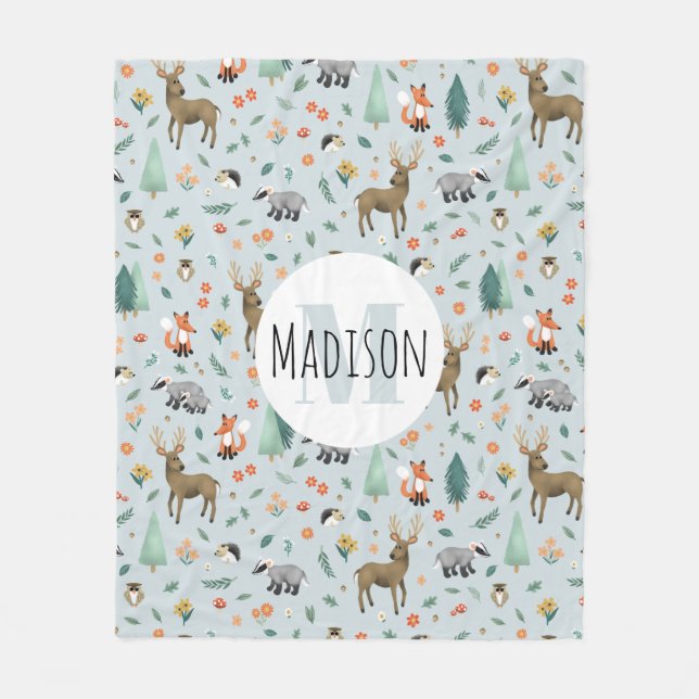 Cute Rustic Woodland Animals Kids Monogram Fleecefilt (Framsidan)